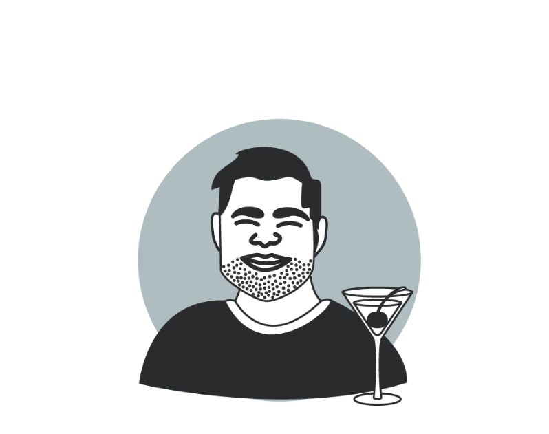 Black & white cartoon drawing of the torso & head of a man with stubbled beard next to a Martini glass with a cherry, against a gray circle