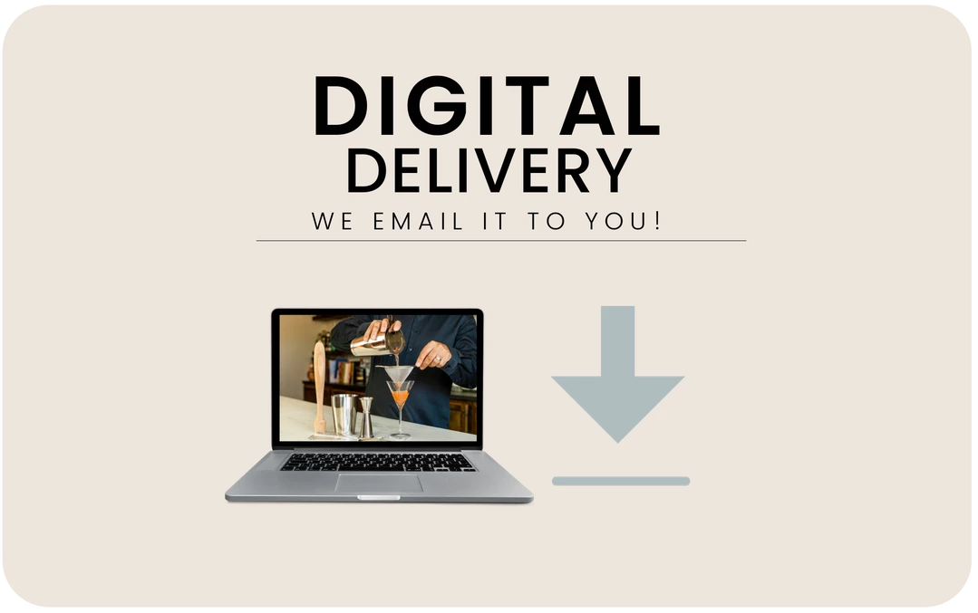 Graphic with the words "Digital delivery: We email it to you" with a photo of a computer & a down arrow representing downloading a gift card