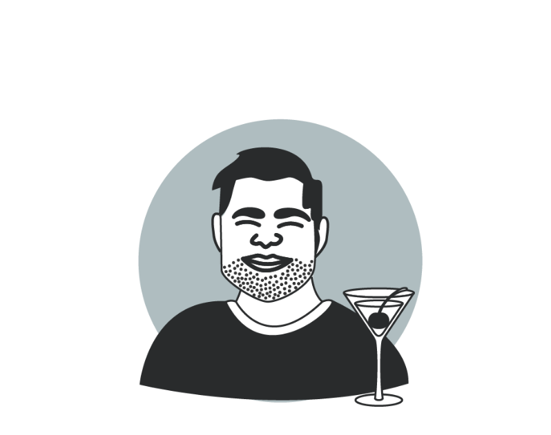 Black & white cartoon drawing of the torso & head of a man with stubbled beard next to a Martini glass with a cherry, against a gray circle 