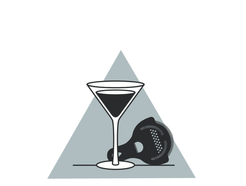 Black and white cartoon drawing of a Martini glass with a black Hawthorne strainer, set against a gray triangle