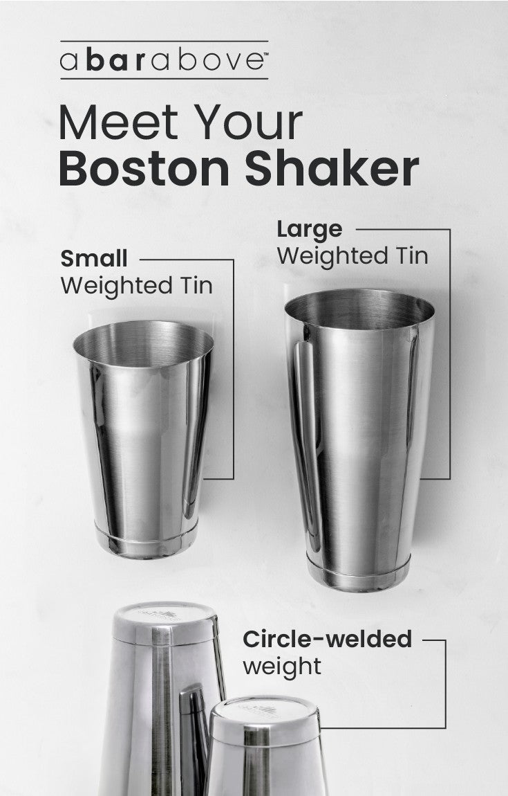 Meet Your Boston Shaker labeled diagram: small weighted tin, large weighted tin, and the circle-welded weight